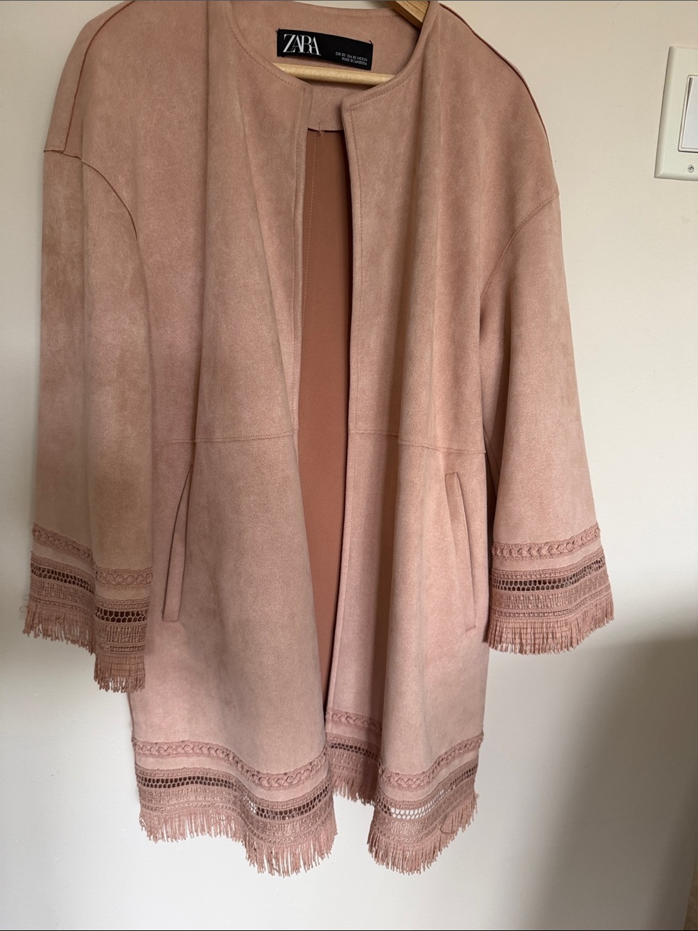 ZARA Dusty Pink Fringe-Trim Suede Jacket